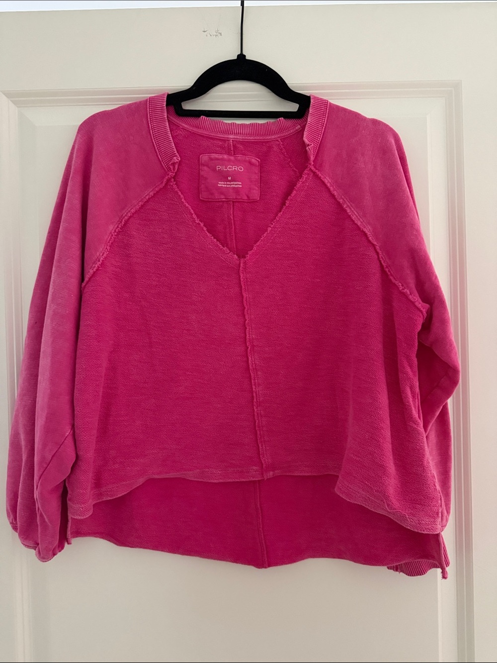 Pilcro Hot Pink V-Neck Raw-Edge Pullover Sweater